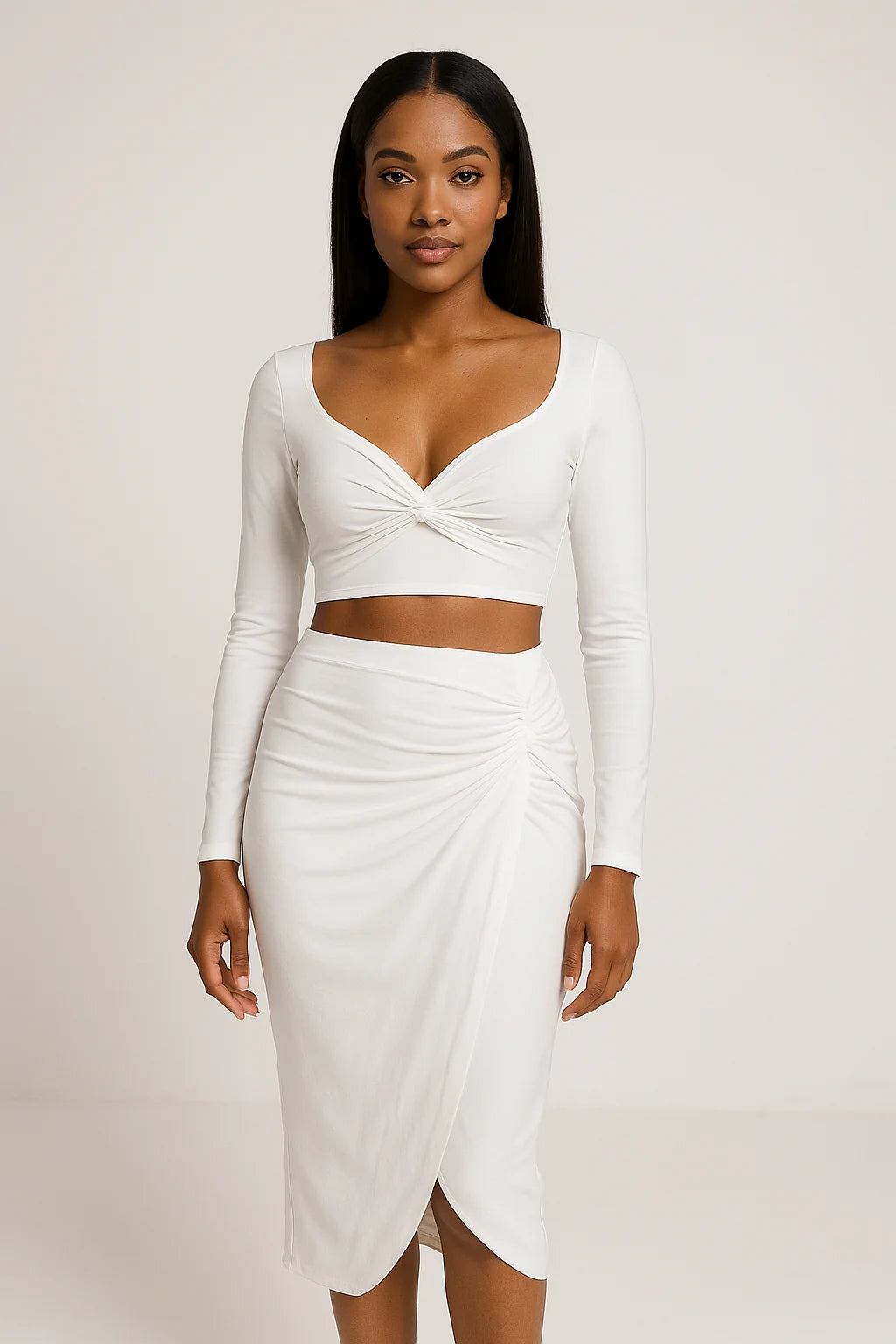 conjunto cropped e saia bastoni.